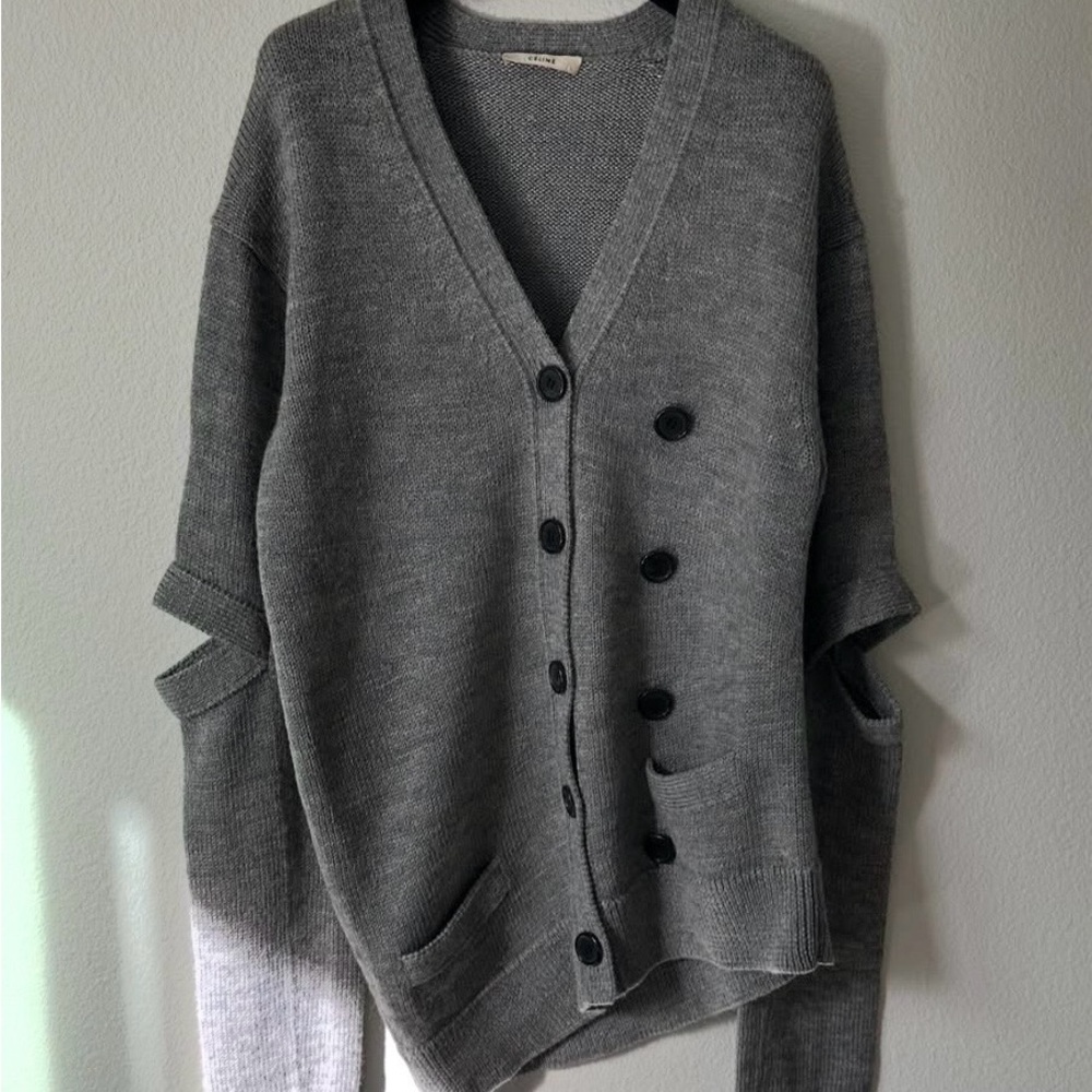 Celine Charcoal Gray Oversized V‑Neck Button Cardigan with Elbow Slits